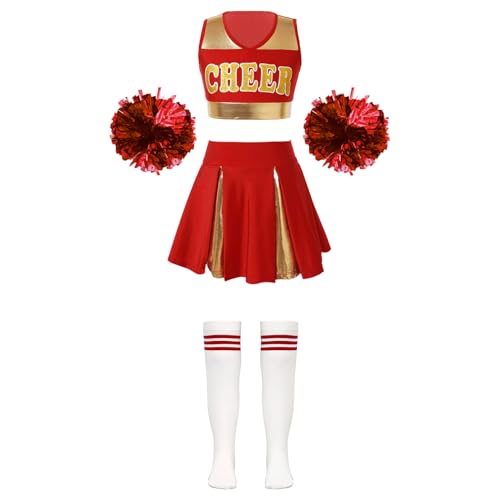 Jugaoge Mädchen Cheerleading Uniformen Crop Top und Faltenrock Sport Strümpfe Baumwolle Socken und Handblumen Tanzbekleidung Set A Rot 158-164 von Jugaoge