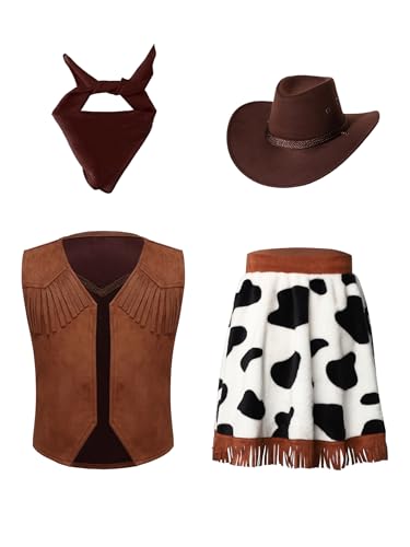 Jugaoge Mädchen Cowgirl Kostüm Ärmellose Wildleder Weste mit Leoparden Print Rock + Western Cowboyhut + Halstuch Schal Vintage Retro Cosplay Outfits Braun 158-164 von Jugaoge