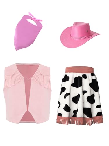 Jugaoge Mädchen Cowgirl Kostüm Ärmellose Wildleder Weste mit Leoparden Print Rock + Western Cowboyhut + Halstuch Schal Vintage Retro Cosplay Outfits Rosa 122-128 von Jugaoge