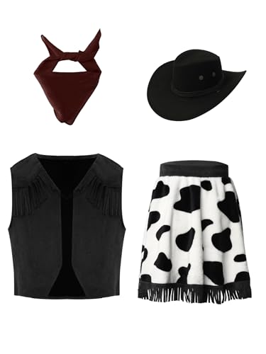 Jugaoge Mädchen Cowgirl Kostüm Ärmellose Wildleder Weste mit Leoparden Print Rock + Western Cowboyhut + Halstuch Schal Vintage Retro Cosplay Outfits Schwarz 146-152 von Jugaoge
