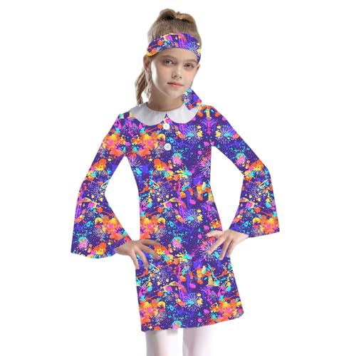 Jugaoge Mädchen Disco Kostüm 70er Jahre Kleid Langarm Blumenmuster Puppenkragen Druckkleider Minikleider mit Stirnband Faschingskostüm Violett 158-164 von Jugaoge