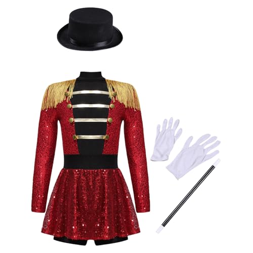 Jugaoge Mädchen Pailetten Zirkusdirektor Kleid Langarm Militärische Jacke und Rock + Gentleman Zauberer Hut mit Weiße Handschuhe und Zauberstab Rot 170 Jugaoge Mädchen Pailetten Zirkusdirektor Kleid Langarm Militärische Jacke und Rock + Gentleman Zauberer Hut mit Weiße Handschuhe und Zauberstab Rot 170 von Jugaoge