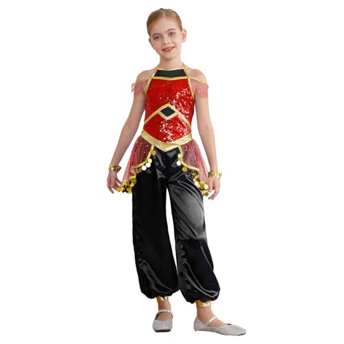 Jugaoge Mädchen Prinzessin Kostüm Pailletten Jumpsuit Neckholder Overall mit Satin Weites Bein Hose + Armbändern Bauchtanz Tanzbekleidung Rot 170 Jugaoge Mädchen Prinzessin Kostüm Pailletten Jumpsuit Neckholder Overall mit Satin Weites Bein Hose + Armbändern Bauchtanz Tanzbekleidung Rot 170 von Jugaoge