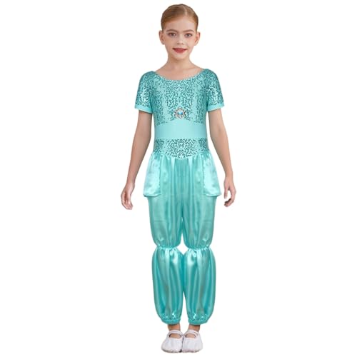 Jugaoge Mädchen Prinzessin Satin Jumpsuit Kurzarm Overalls Lang Pailletten Leotard Tutu Tanzbekleidung für Party Wettbewerb Show Outfits Hellgrün 158-164 von Jugaoge