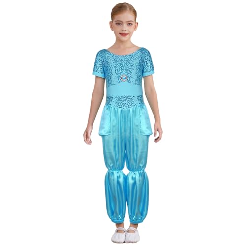 Jugaoge Mädchen Prinzessin Satin Jumpsuit Kurzarm Overalls Lang Pailletten Leotard Tutu Tanzbekleidung für Party Wettbewerb Show Outfits Himmelblau 170 von Jugaoge