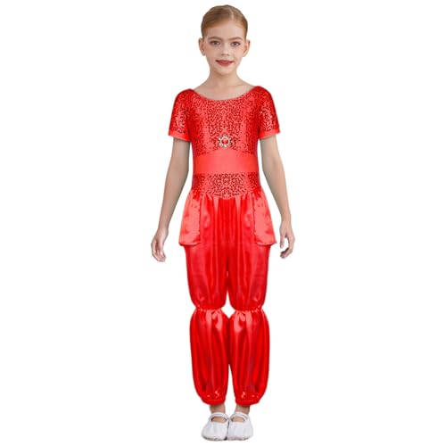 Jugaoge Mädchen Prinzessin Satin Jumpsuit Kurzarm Overalls Lang Pailletten Leotard Tutu Tanzbekleidung für Party Wettbewerb Show Outfits Rot 146-152 von Jugaoge