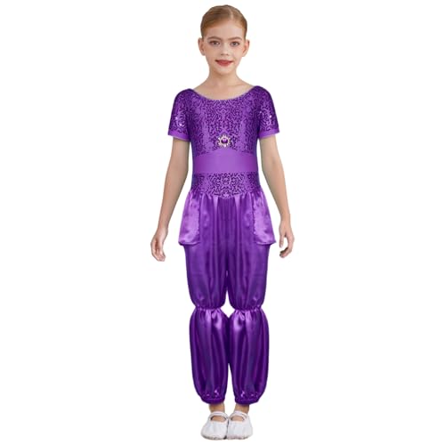 Jugaoge Mädchen Prinzessin Satin Jumpsuit Kurzarm Overalls Lang Pailletten Leotard Tutu Tanzbekleidung für Party Wettbewerb Show Outfits Violett 158-164 von Jugaoge
