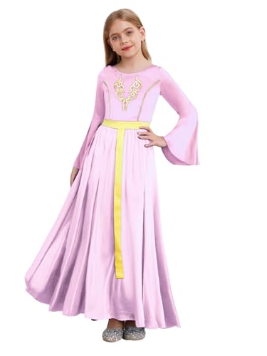 Jugaoge Mädchen Renaissance Tunika Kleid Mittelalterliches Kostüm Langarm Rundhals Kleid Steampunk Gothic Viktorianisches Midikleid Rosa 158-164 von Jugaoge