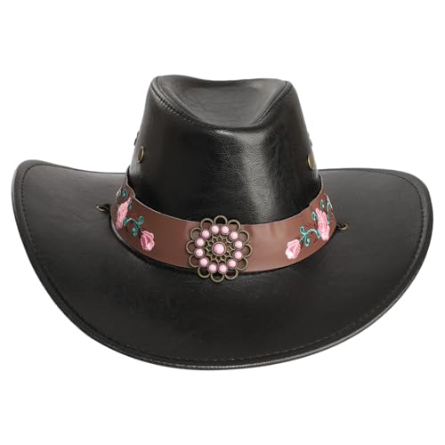 Jugaoge Unisex Western Cowboy Kostüm Mütze Damen Herren PU Leder Hut mit Kordelzug Vintage Retro Hippie Cowgirl Cosplay Outfits Schwarz Einheitsgröße Jugaoge Unisex Western Cowboy Kostüm Mütze Damen Herren PU Leder Hut mit Kordelzug Vintage Retro Hippie Cowgirl Cosplay Outfits Schwarz Einheitsgröße von Jugaoge