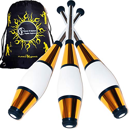 Euro PRO Jonglierkeulen 3er-Set (Gold) Jonglier Keulen Training Set + Flames N Games Reisetasche! Große Keulenjonglage Set für Kinder & Erwachsene! von Juggle Dream