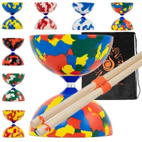 Jester Diabolo-Set mit Holzstäbchen – Pro Medium Gummi Diablo Set mit Holzhandstäben und Cascade Tragetasche (mehrfarbig) von Juggle Dream