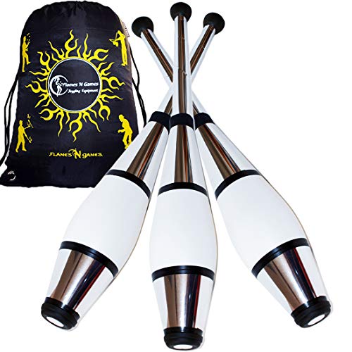 Juggle Dream Euro PRO Jonglierkeulen 3er-Set (Silber) Jonglier Keulen Training Set + Flames N Games Reisetasche! Große Keulenjonglage Set für Kinder & Erwachsene! von Juggle Dream