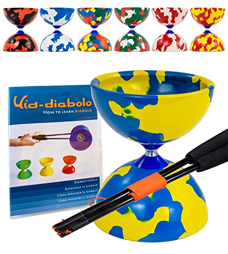 Juggle Dream Jester Diabolo Jonglierset – Fester Achse Profi-Diabolo mit Superglass-Handstäben, Online-Lernvideo – Jonglierspielzeug (Blau/Gelb) von Juggle Dream