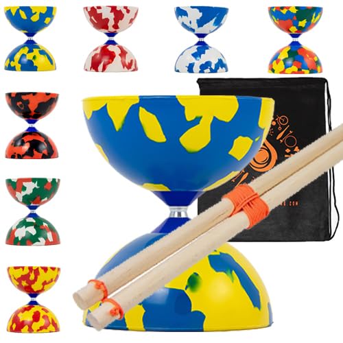 Juggle Dream Jester Diabolo Set mit Holzstäbchen – Pro Medium Gummi Diablo-Set mit Holzhandstäben und Kaskaden-Tragetasche (Blau und Gelb) von Juggle Dream