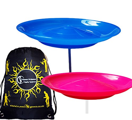 Juggle Dream Teller-Set, 2 Stück, Blau / Rosa, klassische Zirkus-Drehteller + 2 Stück Sticks + Flames N Games Reisetasche. Großer Spaß für Kinder und Erwachsene. von Juggle Dream