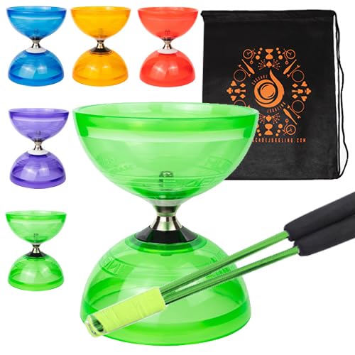 Jumbo Hurricane Pro Triple Bearing Clutch Diabolo Set mit Aluminium 'Metall' Sticks, Diabolo String und Cascade Tragetasche (Grün mit grünen Handstäben) von Juggle Dream