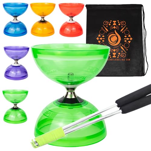 Jumbo Hurricane Pro Dreifachlager Kupplung Diabolo Set mit Aluminium 'Metall' Sticks, Diabolo String und Cascade Tragetasche (grün mit silbernen Handstäben) von Juggle Dream