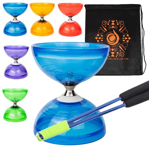 Jumbo Hurricane Pro Triple Bearing Clutch Diabolo Set mit Aluminium 'Metall' Sticks, Diabolo String und Cascade Tragetasche (Blau mit blauen Handstäben) von Juggle Dream