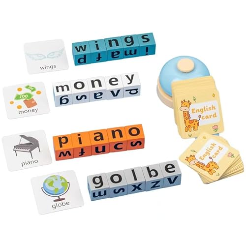 Englisches Wortbildungsspiel für Kinder, Lernspielzeug mit Glocke, 64 Buchstabenblöcke und 20+ Spielkarten, ab 36 Monate Englisches Wortbildungsspiel für Kinder, Lernspielzeug mit Glocke, 64 Buchstabenblöcke und 20+ Spielkarten, ab 36 Monate von Juguan