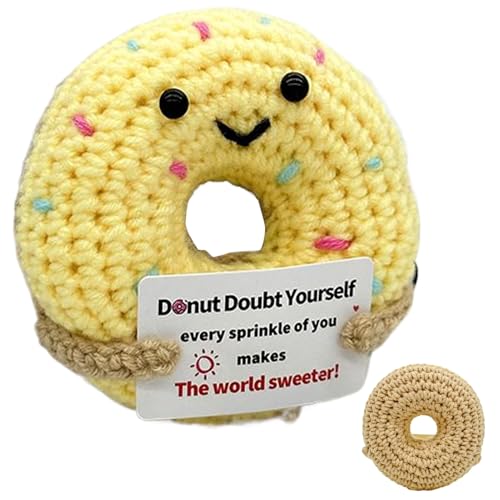 Jukeoiu Häkelpuppe - Witziger Positiver Donut,Plüsch Inspirations Sammelfigur Mit Karte Für Lehrer Schüler Freunde Frauen Mädchen Zuhause Arbeitsplatz Auto von Jukeoiu