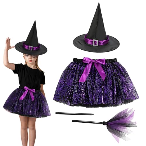 Jukeoiu Mädchen Hexenkostüm, Kinder Halloween Rock Set, Gothic Mädchen Spinnennetz Hexenkostüm Set für Maskerade, Theater, Schule, Karneval, Performance, Party von Jukeoiu