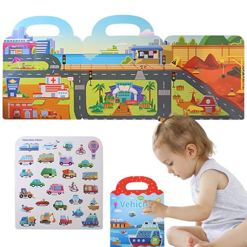 Jukeoiu Reiseaufkleberbücher für Kinder, Fahrzeuge Aufkleberbuch - Wasserdichtes, restwertiges -Puzzle tragbar,Lernwerkzeug für frühe Bildung für Alter 3+, faltbar mit dem Griff für Mädchen von Jukeoiu