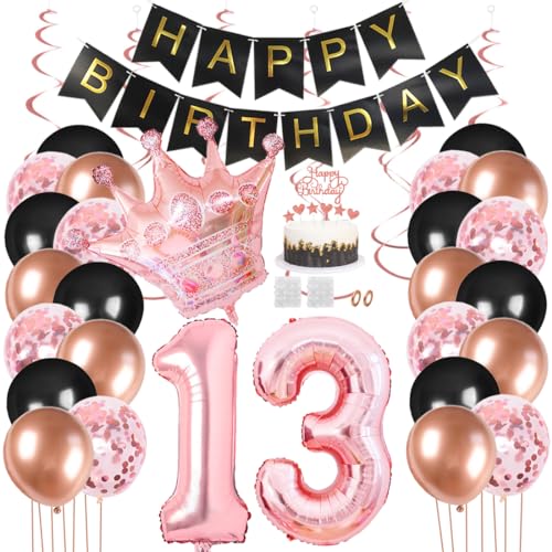 Juland 13. Geburtstag Deko Männer Frauen Schwarz Rose Gold Geburtstagsdeko Mädchen Junge Happy Birthday Banner 13 Jahre Geburtstag Nummer Folienballons Krone Konfetti Luftballons Tortenaufsatz von Juland