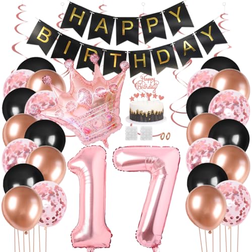 Juland 17. Geburtstag Deko Männer Frauen Schwarz Rose Gold Geburtstagsdeko Mädchen Junge Happy Birthday Banner 17 Jahre Geburtstag Nummer Folienballons Krone Konfetti Luftballons Tortenaufsatz von Juland