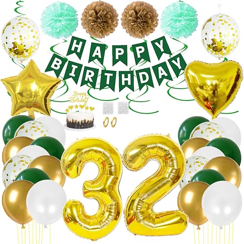 Juland 32. Geburtstag Deko Männer Frauen Grün Gold Geburtstagsdeko Mädchen Junge Happy Birthday Banner 32 Jahre Geburtstag Nummer Folienballons Pompons Konfetti Luftballons Pompons Tortenaufsatz von Juland