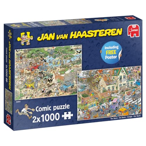 Jumbo Spiele Jan van Haasteren Puzzle 2x 1000 Teile - Der Sturm + Die Safari – 2 in 1 - ab 12 Jahren – Comic Puzzle von Jumbo