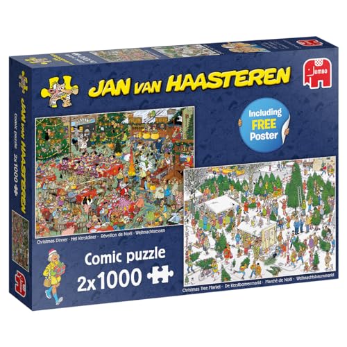 Jumbo Spiele Jan van Haasteren Puzzle 2x 1000 Teile - Weihnachtsessen + Weihnachtsbaummarkt – 2 in 1 - ab 12 Jahren – Comic Puzzle von Jumbo Spiele