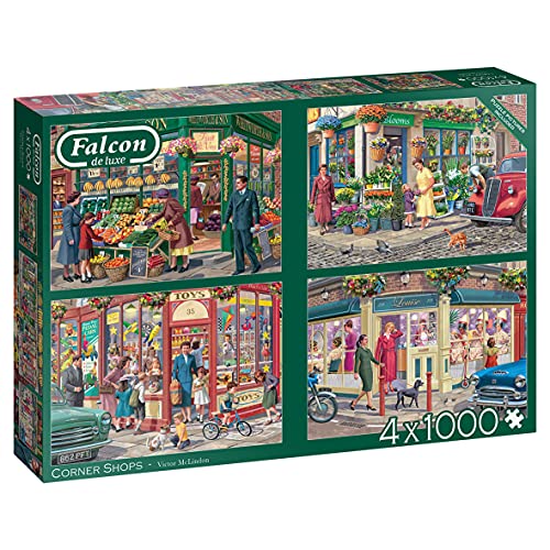 Falcon 11329 Corner Shops-4x 1000 Teile Puzzlespiel, Mehrfarben von Jumbo