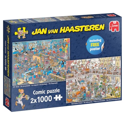 Jan Van Haasteren DIY Shop & Renovierungsprojekt – 2 x 1000 Teile Erwachsenenpuzzle & Comic-Puzzle – Set mit 2 großen Puzzles für Erwachsene – 100% recycelter Karton, 1000 Teile Puzzle & Poster – 68 x von Jumbo