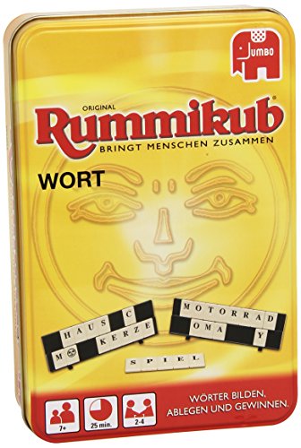 Jumbo Spiele Original Rummikub Wort in Metalldose - Das kultige Gesellschaftsspiel in der kompakten Dose - Für Erwachsene und Kinder ab 7 Jahren von Jumbo