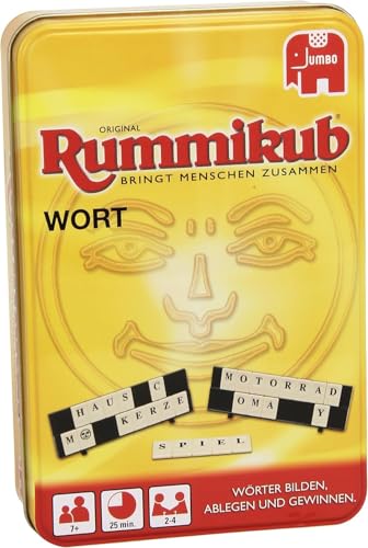 Jumbo Spiele Original Rummikub Wort in Metalldose - Das kultige Gesellschaftsspiel in der kompakten Dose - Für Erwachsene und Kinder ab 7 Jahren von Jumbo