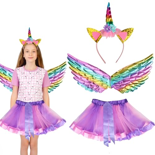Einhorn Kostüm Prinzessin Set, 3 Stück Einhorn Kostüm Kinder Mädchen, Unicorn Cosplay, Unicorn Kostüme Set mit Kleid Tüllrock, Einhorn Haarreif und Flügel Kinder für Mädchen Cosplay Cosplay (Purple) von JunMallko