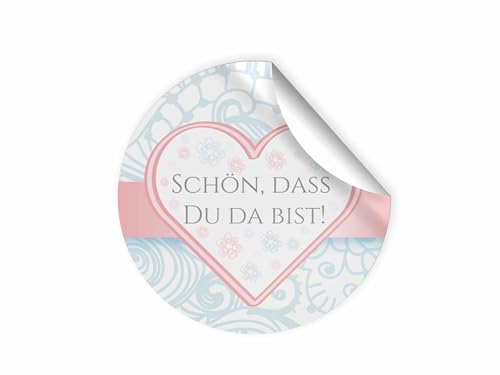 100 Aufkleber SCHÖN, DASS DU DA BIST Etiketten für Gastgeschenke BZW. Mitgebsel bei Hochzeit Taufe Geburtstag Jubiläum (4,5 cm rund) von Junapack