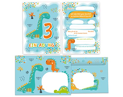 12 Einladungskarten incl. 12 Umschläge zum 3. Kindergeburtstag dritte Geburtstag Jungen Dino Dinosaurier Geburtstagseinladungen von Junapack