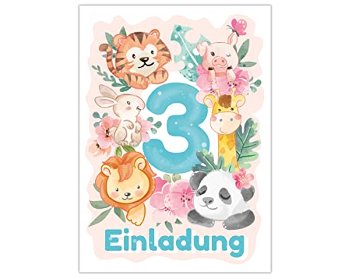 12 Einladungskarten zum 3. Kindergeburtstag dritte Geburtstag Tiere Mädchen Jungen Panda Löwe Tiger von Junapack