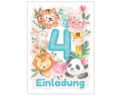 12 Einladungskarten zum 4. Kindergeburtstag vierte Geburtstag Tiere Mädchen Jungen Panda Löwe Tiger von Junapack