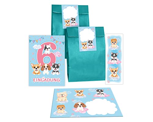 12 Einladungskarten zum 6. Kindergeburtstag Einladung zum sechsten Geburtstag Mädchen Hunde incl. 12 Umschläge, 12 Tüten/Petrol, 12 Aufkleber, 12 Lesezeichen von Junapack