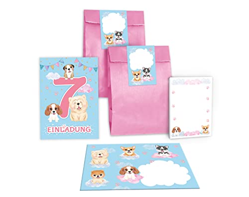 12 Einladungskarten zum 7. Kindergeburtstag Einladung zum siebten Geburtstag Mädchen Hunde incl. 12 Umschläge, 12 Tüten/rosa, 12 Aufkleber, 12 Blöcke von Junapack