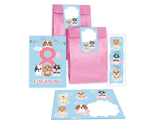 12 Einladungskarten zum 8. Kindergeburtstag Einladung zum achten Geburtstag Mädchen Hunde incl. 12 Umschläge, 12 Tüten/rosa, 12 Aufkleber, 12 Lesezeichen von Junapack