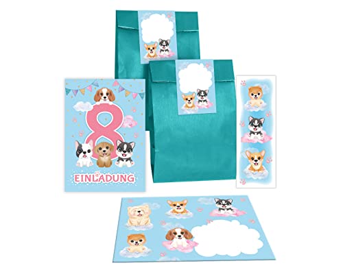 12 Einladungskarten zum 8. Kindergeburtstag Einladung zum achten Geburtstag Mädchen Hunde incl. 12 Umschläge, 12 Tüten/Petrol, 12 Aufkleber, 12 Lesezeichen von Junapack