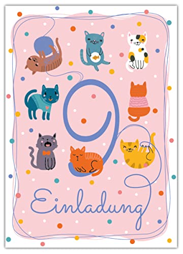 12 Einladungskarten zum 9. Kindergeburtstag neunte Geburtstag Mädchen Jungen Katzen Katze von Junapack
