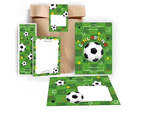 12 Einladungskarten zum Kindergeburtstag Jungen Fussball Fußball incl. 12 Umschläge, 12 Tüten/Natur, 12 Aufkleber, 12 Lesezeichen, 12 Blöcke von Junapack