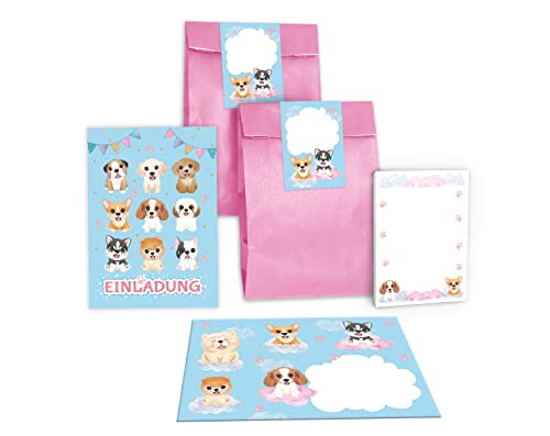 12 Einladungskarten zum Kindergeburtstag Mädchen Hunde incl. 12 Umschläge, 12 Tüten/rosa, 12 Aufkleber, 12 Blöcke von Junapack