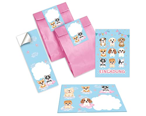 12 Einladungskarten zum Kindergeburtstag Mädchen Hunde incl. 12 Umschläge, 12 Tüten / rosa, 12 Aufkleber von Junapack
