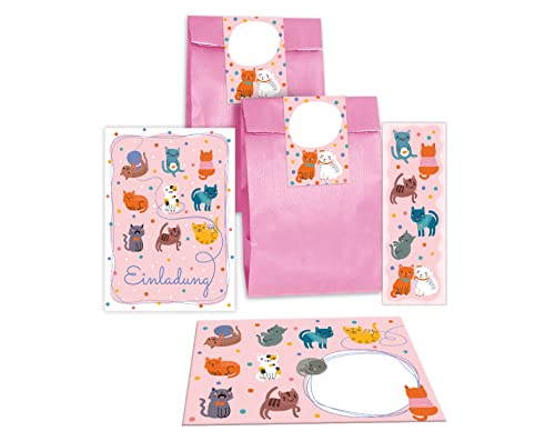12 Einladungskarten zum Kindergeburtstag Mädchen Mädchen Jungen Katzen Katze incl. 12 Umschläge, 12 Tüten/rosa, 12 Aufkleber, 12 Lesezeichen von Junapack
