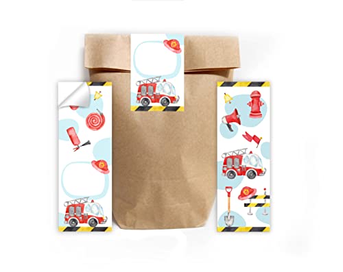 12 Lesezeichen + 12 Geschenktüten (Natur) + 12 Aufkleber Feuerwehr Feuerwehrauto Mitgebsel Gastgeschenk beim Kindergeburtstag Jungen von Junapack